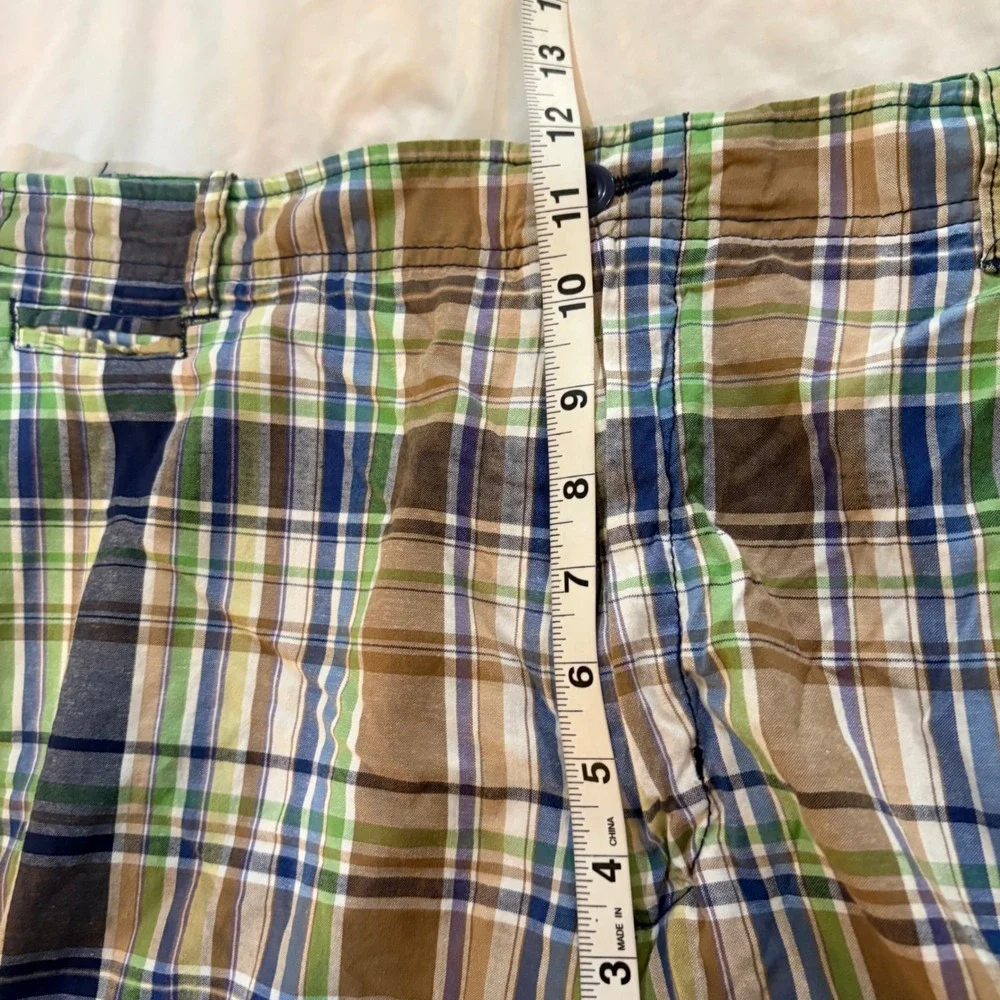 Madison Mens Plaid Shorts Size 38 Green Navy Blue Brown Cotton Flat Front Summer